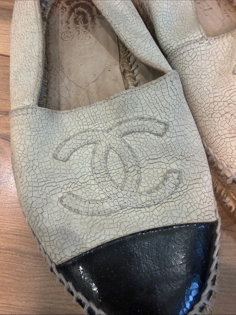 CHANEL Cream Espadrilles with Black Patent Toe Caps